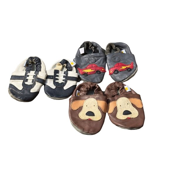 Bundle Of Three Pairs Of Soft Sole Leather Baby Shoes With Fun Designs & Elastic - Picture 3 of 8